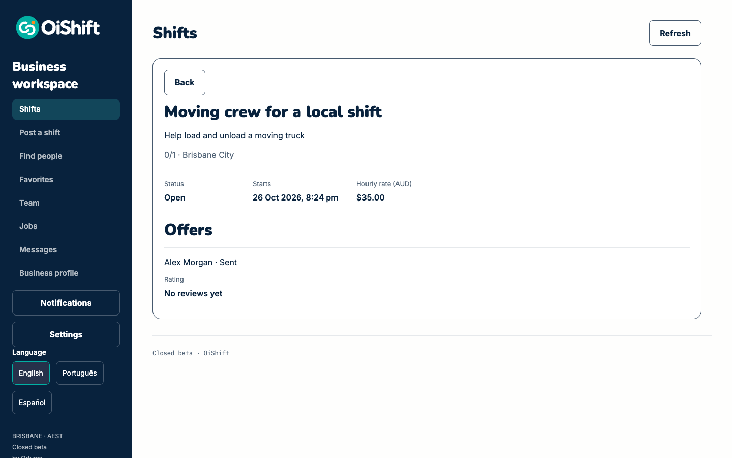 Example workspace: A published shift
