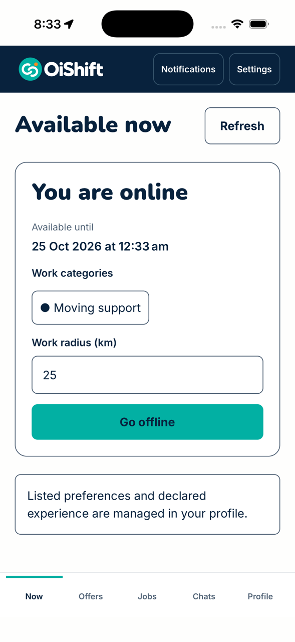 OiShift beta worker screen: Go online